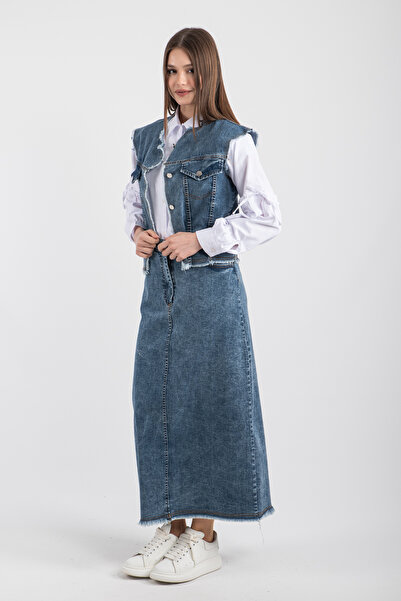 Hatun Atila Distressed Detailed Denim Vest and Long Denim Skirt Two-Piece Set