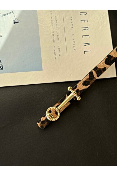 TABA BUTİK Gold Buckle Detailed Leopard Patterned Women's Suede Belt 105 cm