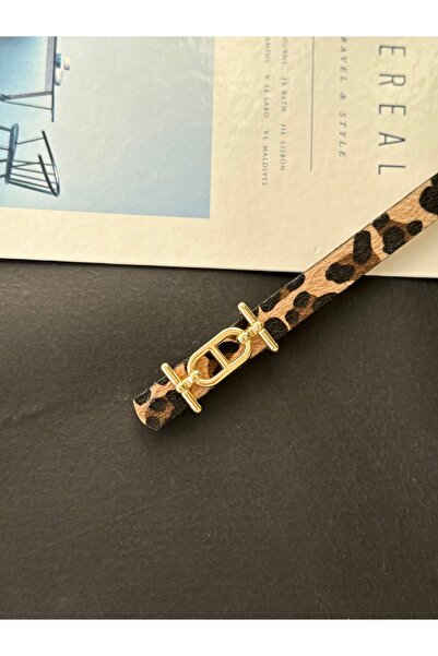 TABA BUTİK Gold Buckle Detailed Leopard Patterned Women's Suede Belt 105 cm