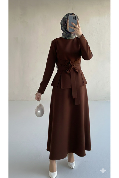 Blue Morpho Scuba Fabric Belt Detailed Skirt Set