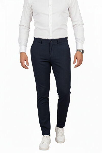 DeepSEA Navy Blue Slim Fit Elastic Waist Striped Textured Stretch Fabric Men's Trousers – Stylish & Comfortable Design 260070