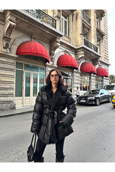 jumemas Palton premium cu guler de blană și centură în talie – Negru Jet