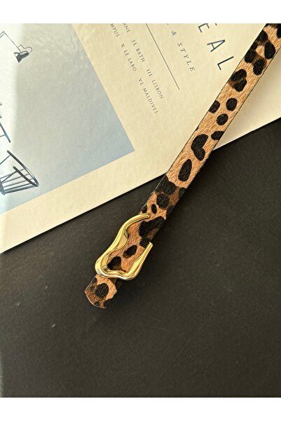 TABA BUTİK Gold Buckle Detailed Leopard Patterned Women's Suede Belt 105 cm