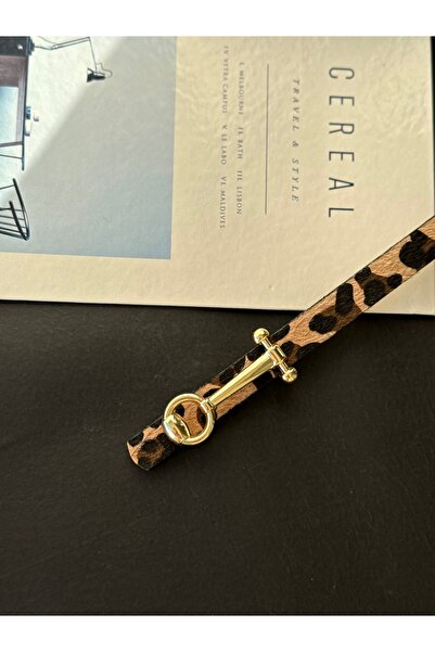 TABA BUTİK Gold Buckle Detailed Leopard Patterned Women's Suede Belt 105 cm