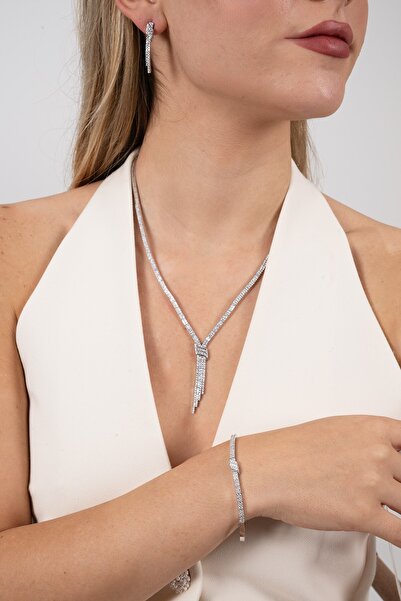 Söğütlü Silver 925 ayar gümüş takım beyaz altın rodyumlu pırlanta modeli zirkon taşlı çift sıralı su yolu gümüş tak