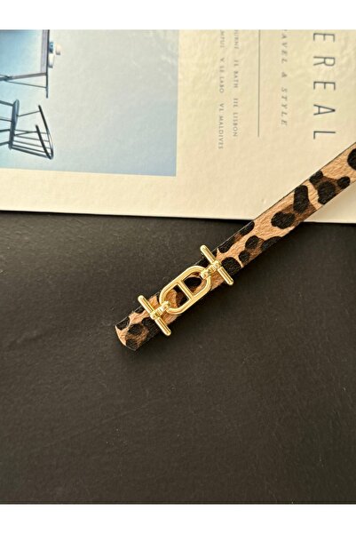 TABA BUTİK Gold Buckle Detailed Leopard Patterned Women's Suede Belt 105 cm