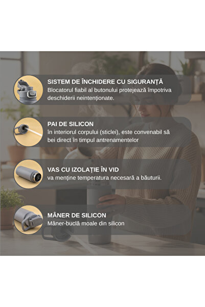 Salestore.ro 600ml Stainless Steel Thermos Bottle, double wall thermally insulated with leak-proof lid, Gray