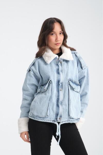 NEWLAKER Palton de blugi premium pentru femei, cu centură, căptușit cu blană