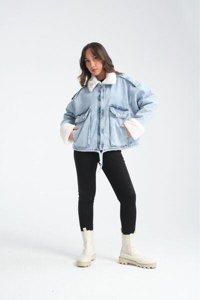 NEWLAKER Palton de blugi premium pentru femei, cu centură, căptușit cu blană