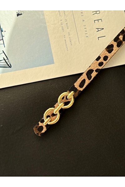 TABA BUTİK Γυναικεία σουέτ ζώνη με λεοπάρ σχέδιο με χρυσή αγκράφα 105 εκ.