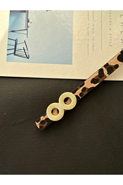 TABA BUTİK Gold Buckle Detailed Leopard Patterned Women's Suede Belt 105 cm