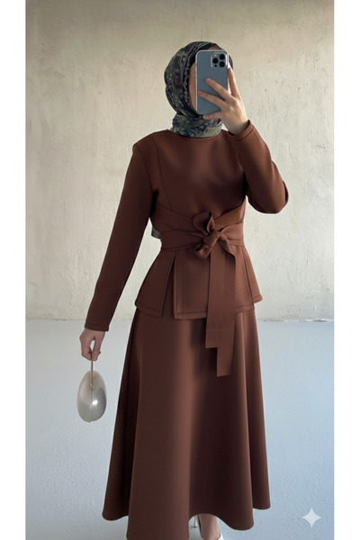 Blue Morpho Scuba Fabric Belt Detailed Skirt Set