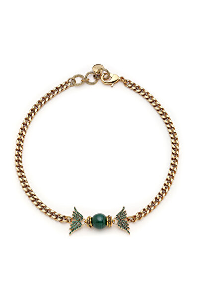 Mon Reve Sylva Zirkon Kanat Charm Malahit Doğaltaş Altın Kaplama Zincir Kolye