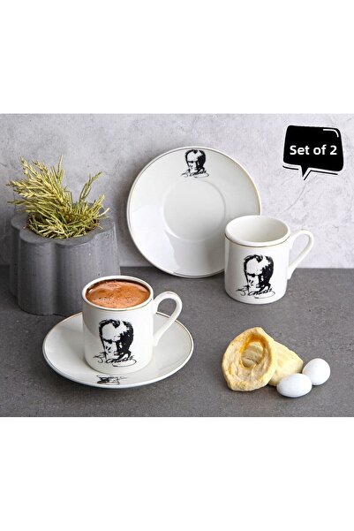 Qerhome Set of 2 Porcelain Turkish Coffee Cups with Atatürk Portrait