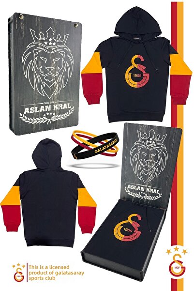 Galatasaray Original Licensed Logo Black Hooded Children's Sweat Wristband Set Gift Wooden