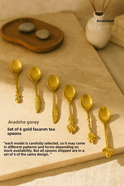 Anadolu Saray 6 Pieces Gold Design Teaspoon Set – Stylish and Decorative Metal Coffee Spoon Set