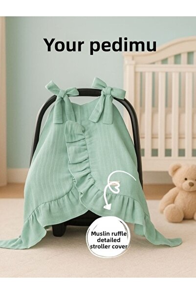 Pedimu غطاء عربة أطفال من الموسلين باللون الأخضر الفاتح مع تفاصيل مزخرفة بالك...