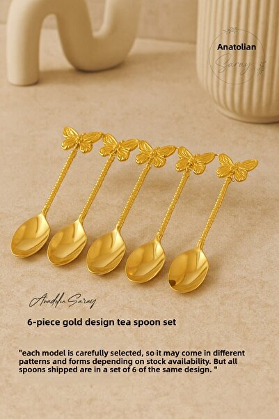 Anadolu Saray 6 Pieces Gold Design Teaspoon Set – Stylish and Decorative Metal Coffee Spoon Set