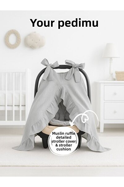 Pedimu Muslin Gray Color Ruffle Detailed Stroller Cover and Stroller Cushion Set