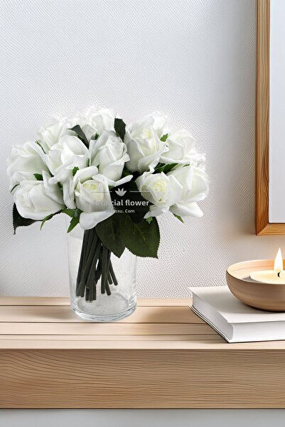 Yapay Çiçek Deposu Artificial Premium 6-Piece Wet Gonca Rose Bouquet 25 cm White