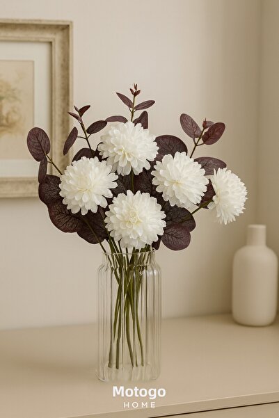 Mottogo Buchet de crizanteme ecru și eucalipt – floare artificială pentru decorarea casei, elegantă și moale