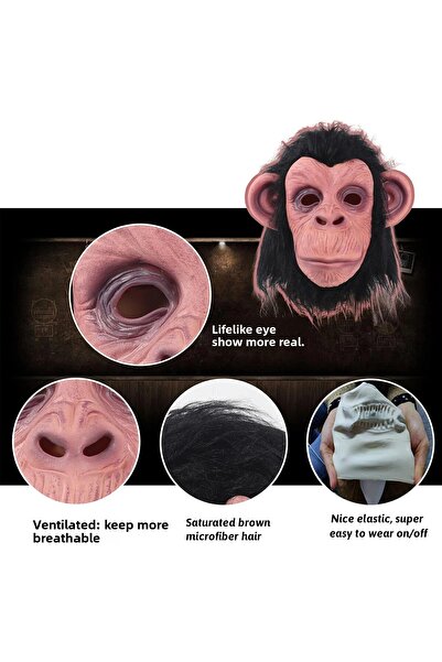 HarmonyAura Latex Chimpanzee Mask with Black Hair Full Coverage - Latex Monkey Orangutan Gorilla m