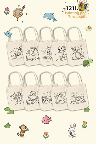 Çınar Bez Çanta حقيبة تلوين بنقوش حيوانات لطيفة - 10 قطع