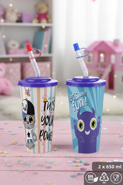 ELDİPA 2-Pack 650 ml Patterned Curved Straw Children's Cup Bpa-Free Lid Lockable Straw Drinking Cup