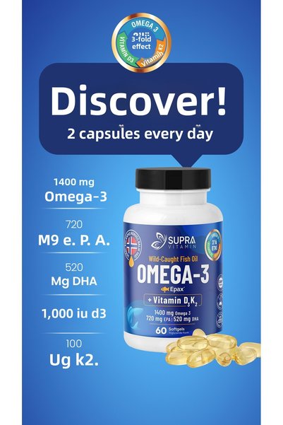 Supra Protein Epax® Omeg-3 Fish Oil, 2,000 Mg Fish Oil + Vitamin D3 & K2, 60 Capsules