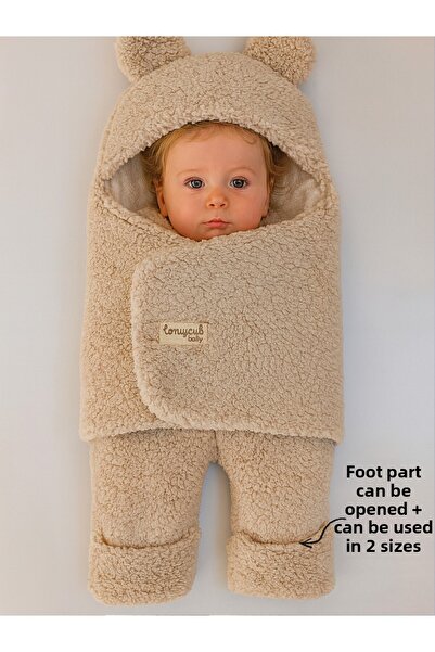 Tomuycuk 0-12 Months Fiber Plush Welsoft Ear-Mounted Mink Outer Baby Swaddle & Blanket Winter Sleeping Bag