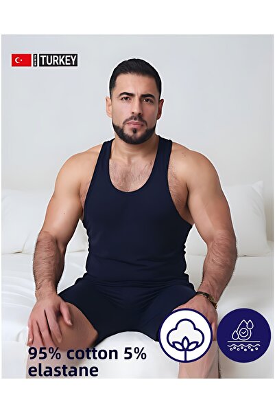 Mercan Men's Navy Blue Set in Special Box Long Cut Boxer + Sports Tank Top