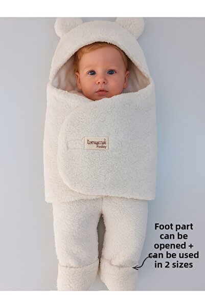 Tomuycuk 0-12 Months Fiber Plush Welsoft Eared Ecru Outer Baby Swaddle & Blanket Winter Sleeping Bag