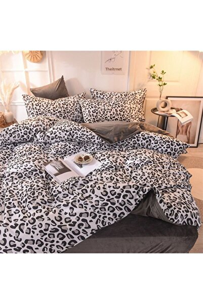 She&Co Oboustranná sada elastických povlaků na přikrývku – černý leopard (s 4 povlaky na polštáře)