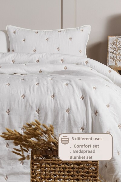 Elart Larissa Bedspread Set Double Size Embroidered (220X240 cm) Beige