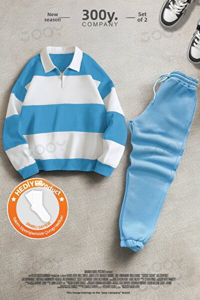 Jooy Blue Half-Zip Sweatshirt - Sweatpants 3 Thread Combed Cotton Set