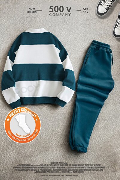 Jooy Petrol Blue Half-Zip Sweatshirt - Sweatpants 3 Thread Combed Cotton Set