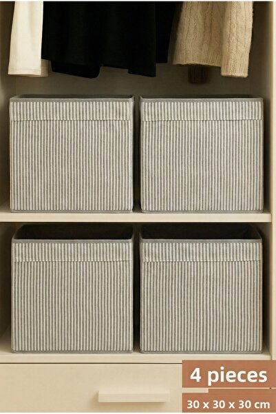 PH Prendi Home 4-Piece Gray Striped Fabric Closet Organizer Box - 30X30X30 cm Foldable Multi-Purpose Storage Box