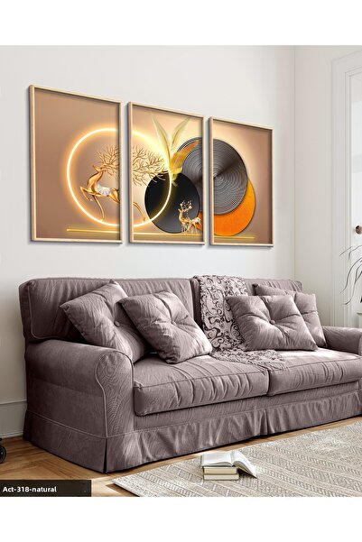 Evinemoda Gold Deer Round Patterns 3 Piece Unilluminated Wooden Framed Painting