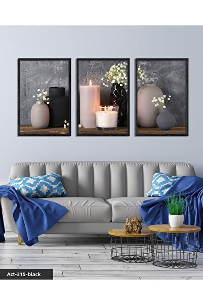 Evinemoda Candle Vase Flowers 3 Piece Black Wooden Framed Painting