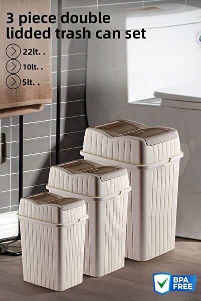 Nandy Home Σετ κάδων απορριμμάτων με διπλό καπάκι 3 τεμαχίων - Κάδος απορριμμάτων για κουζίνα και μπάνιο - 22-10-5Lt.