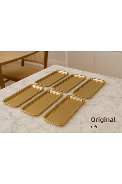 Aslı Hediyelik Luxury 6-Piece Gold Stainless Steel Color Baton Tea, Coffee Decorative Presentation, Serving Tray