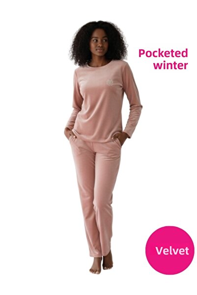BIES Γυναικείο ροζ πιτζάμα με μακρυμάνικο χειμωνιάτικο μαλακό βελούδο χωρίς κουμπιά με τσέπες