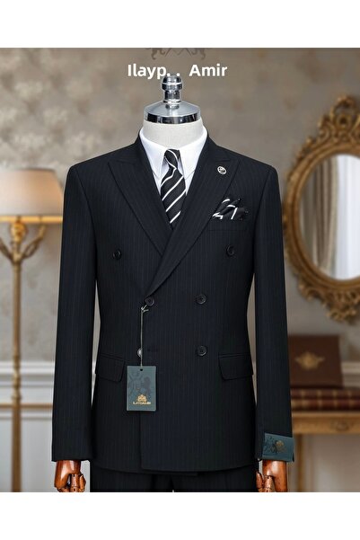 ilayda emir Black Double-Breasted Striped Slimfit, Men's Suit