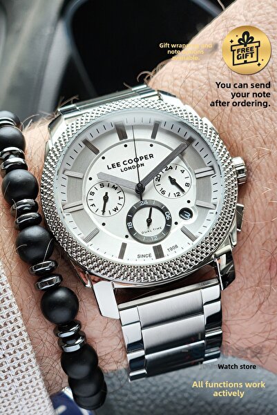 Lee Cooper ساعة يد رجالية أصلية مع سوار فضي من الفولاذ ومينا أبيض مع تقويم