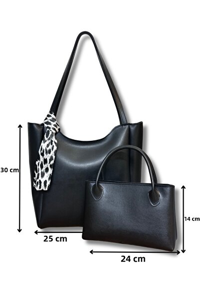 fular & bags Set dublu pentru femei, eșarfă leopard, cu fermoar și închidere cu capse, geantă neagră de mână și de umăr