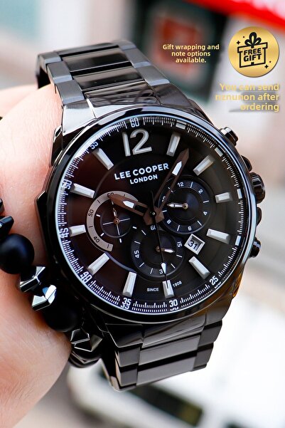 Lee Cooper ساعة يد رجالية كاملة مع سوار أسود هدية مع ساعة توقيت وتقويم Lc07067.660