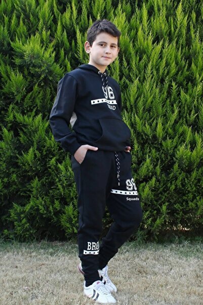 TRENDYOLKIDS Black Boy's Slogan Knitted Bottom-Top Suit Tkdaw25Au00166
