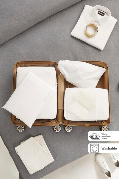 Ocean Home Textile مجموعة من 4 منظمات حقائب قابلة للغسل مصنوعة من قماش المظلة الأبيض، منظم داخلي للحقائب، حقيبة سفر