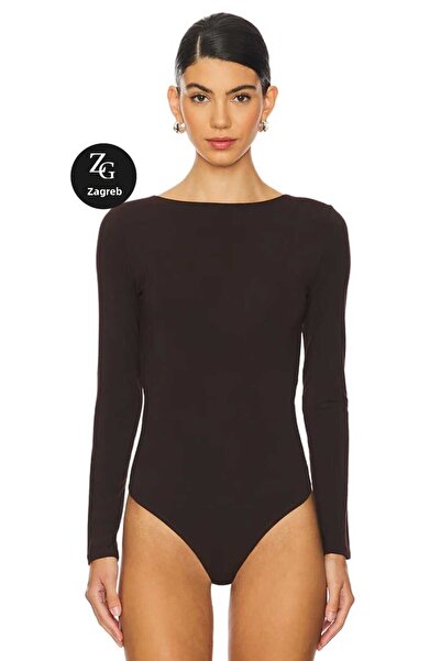 Zagrep Women's Brown Back Low-Cut Cross Elastic Degaje Collar Silk Jersey Body