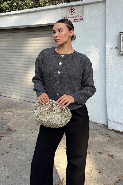 Swist Smoked Heart Gold Heart Buttoned Women's Knitwear Cardigan